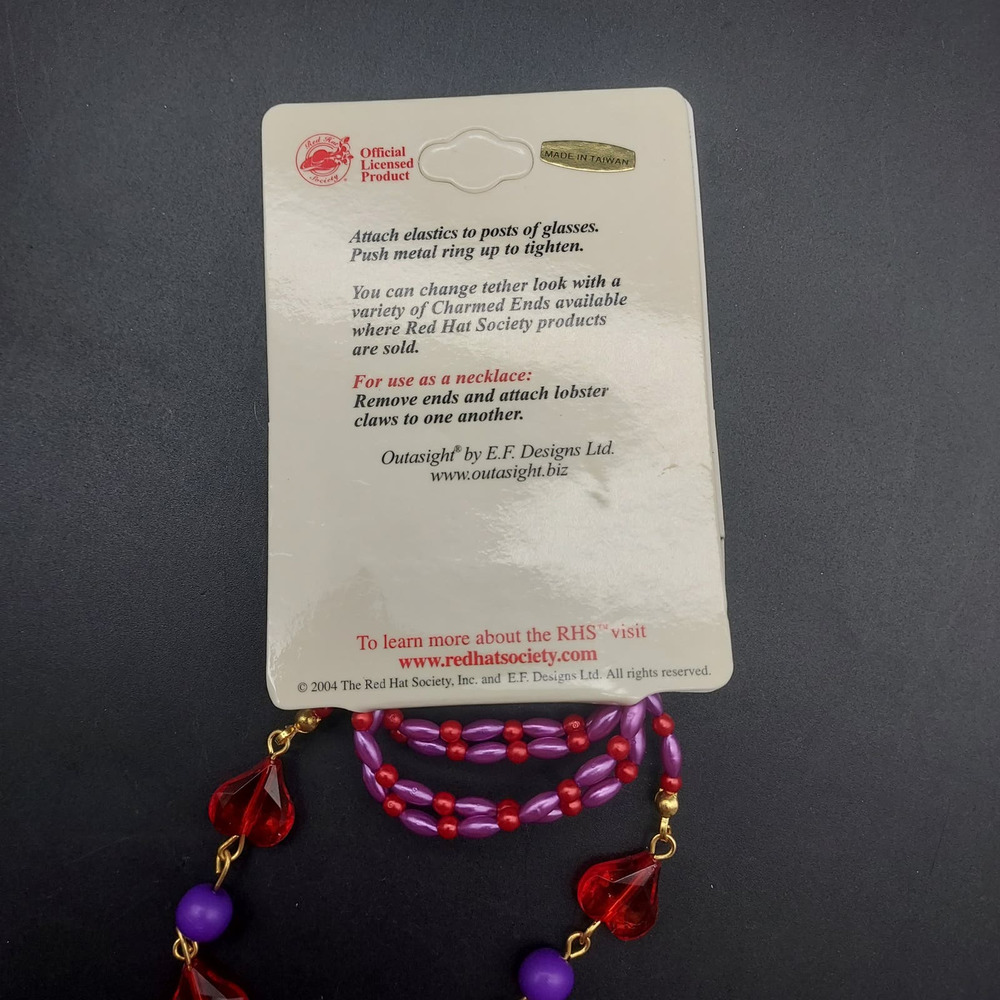Red Hat Society EyeGlass Chains Purple Red Heart Charms Faux Pearl NOS - Picture 9 of 10